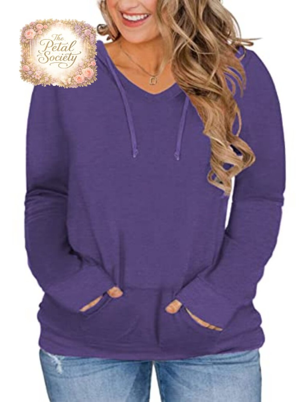 Plus Size V-Neck Hoodie Pullover Sweatshirt with Pocket